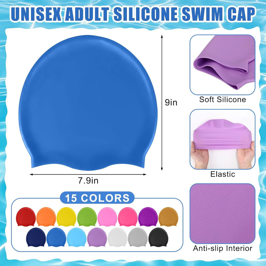 15 Pcs Unisex Adult Silicone Swim Cap Waterproof Swimming Cap Bulk for Women Men Adult Non Slip Pool Hat Elastic Silicone Caps Water Resistant Layer for Long Short Hair