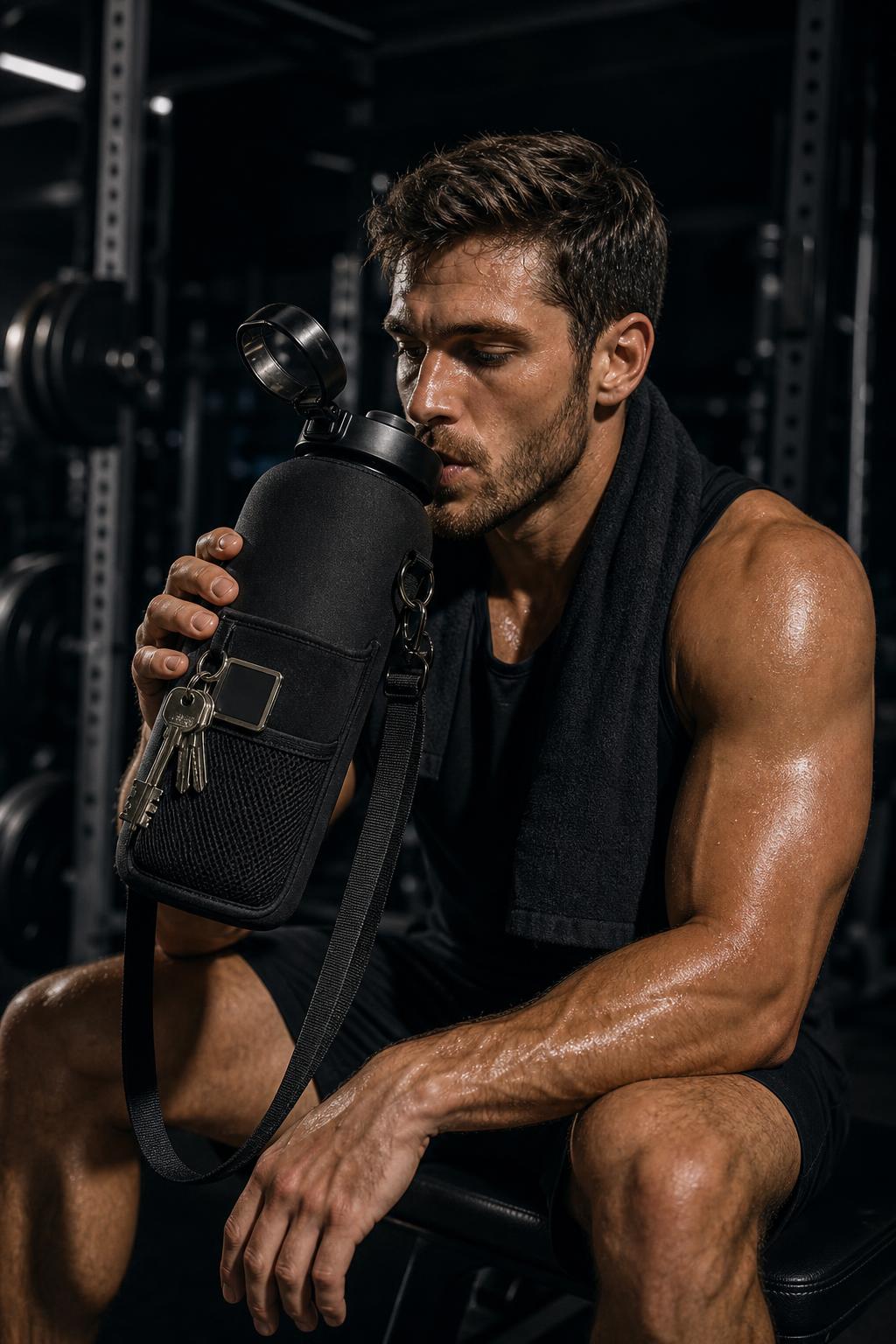 PrimeBuild 2L Motivational Water Bottle – Straw, Sleeve & Strap – in action