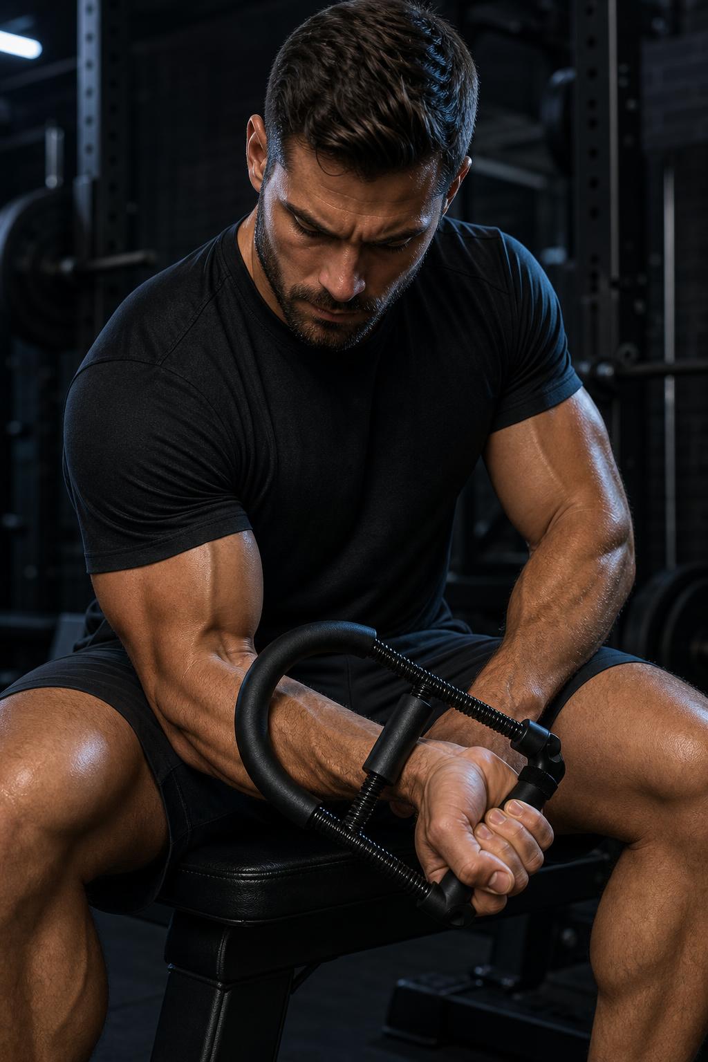 Man seated on a gym bench doing a wrist workout with the PrimeBuild Adjustable Wrist Strengthener