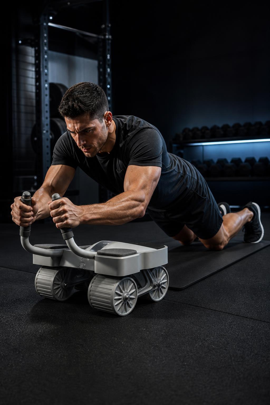 Man kneeling on a mat in a dark gym, gripping the handles of a gray PrimeBuild 4-Wheel Ab Roller during a rollout