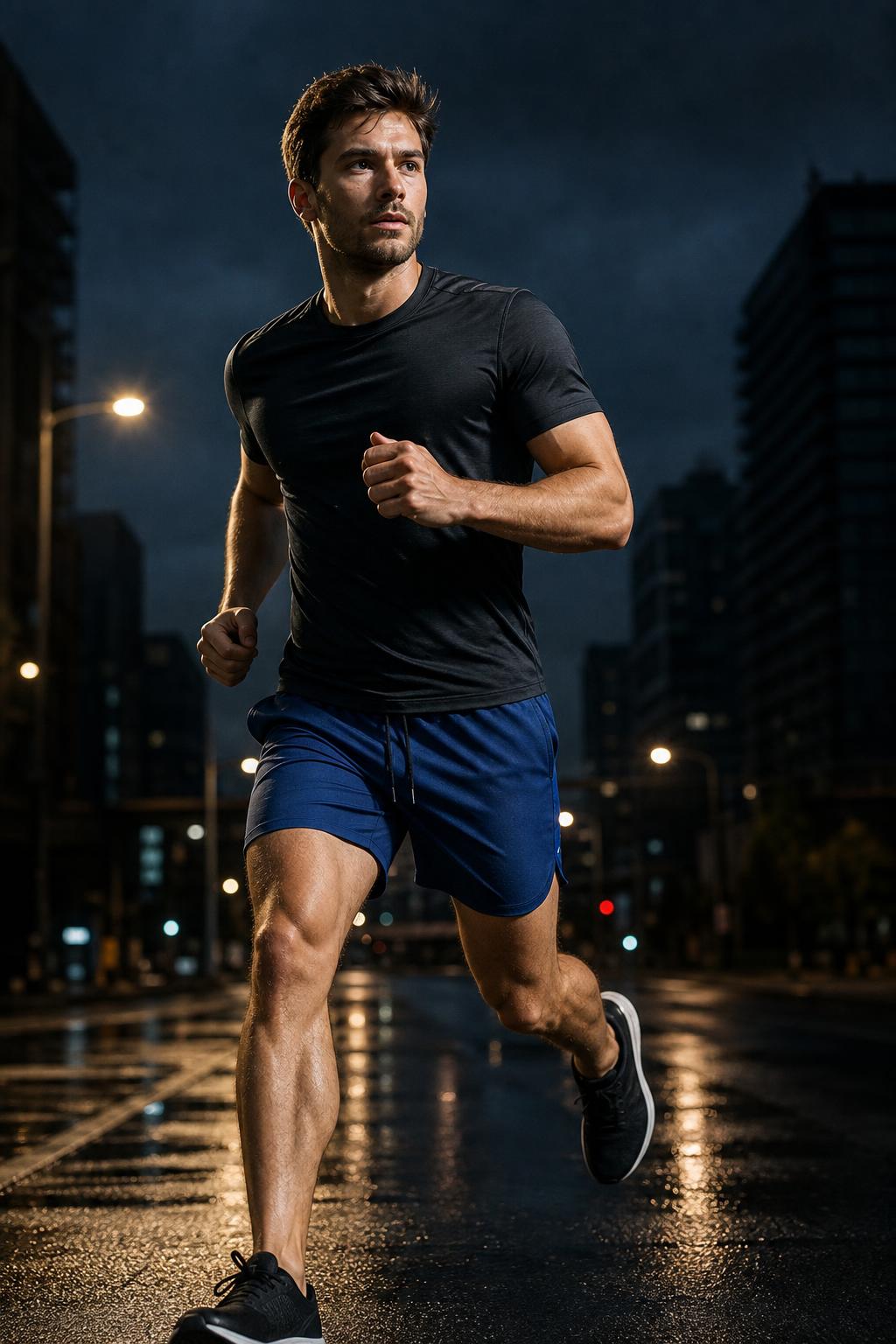 PrimeBuild Men's 7" Running Shorts worn by a man in a black T-shirt running on a wet city street at night