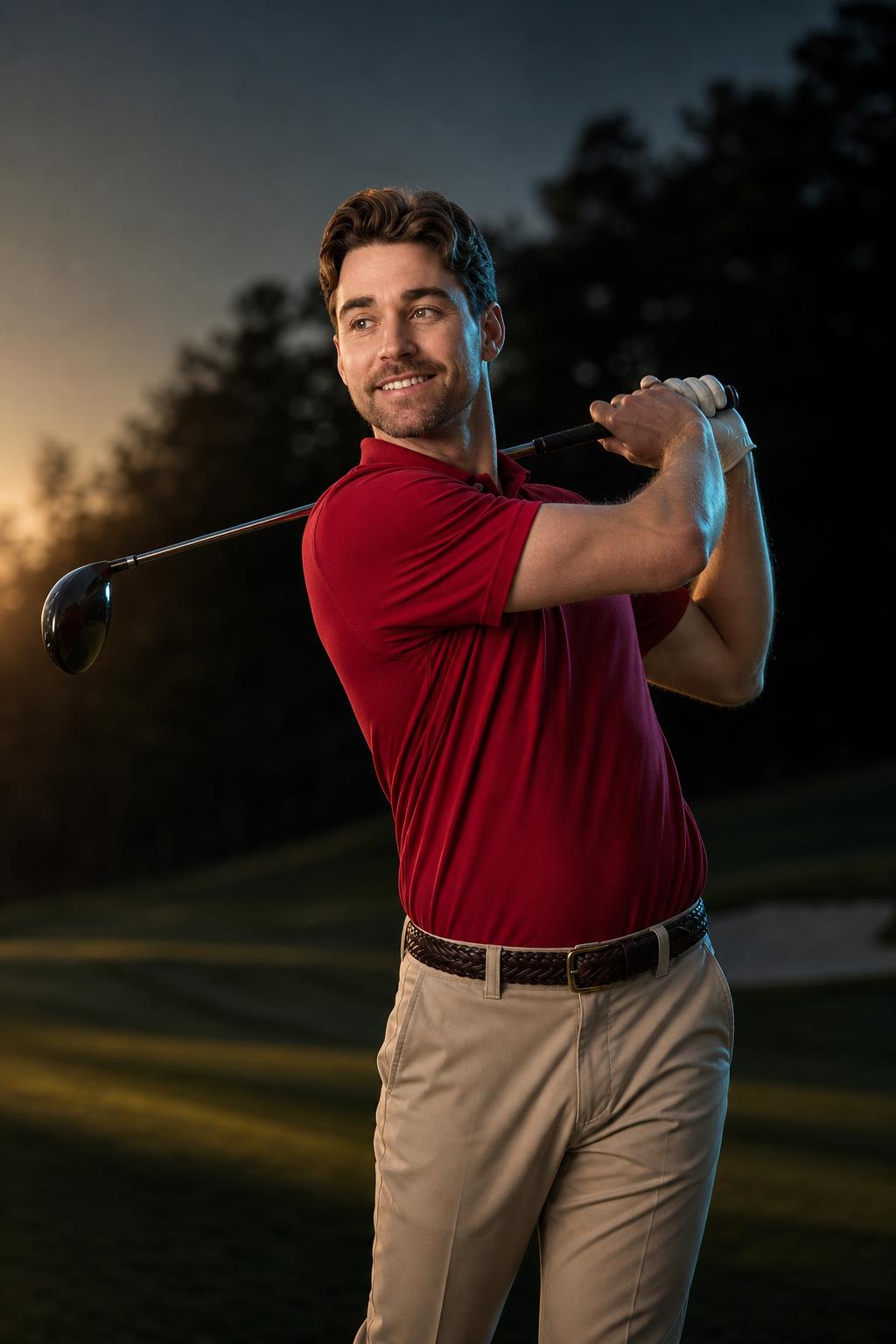Man wearing the PrimeBuild Men's Performance Polo in deep red, holding a golf club on a course at sunset