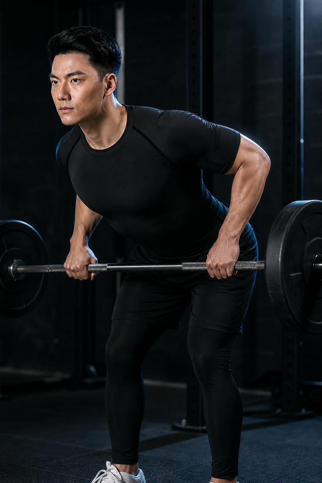 Man doing a barbell row in a gym wearing the PrimeBuild Men's Compression Training Shirt in Black