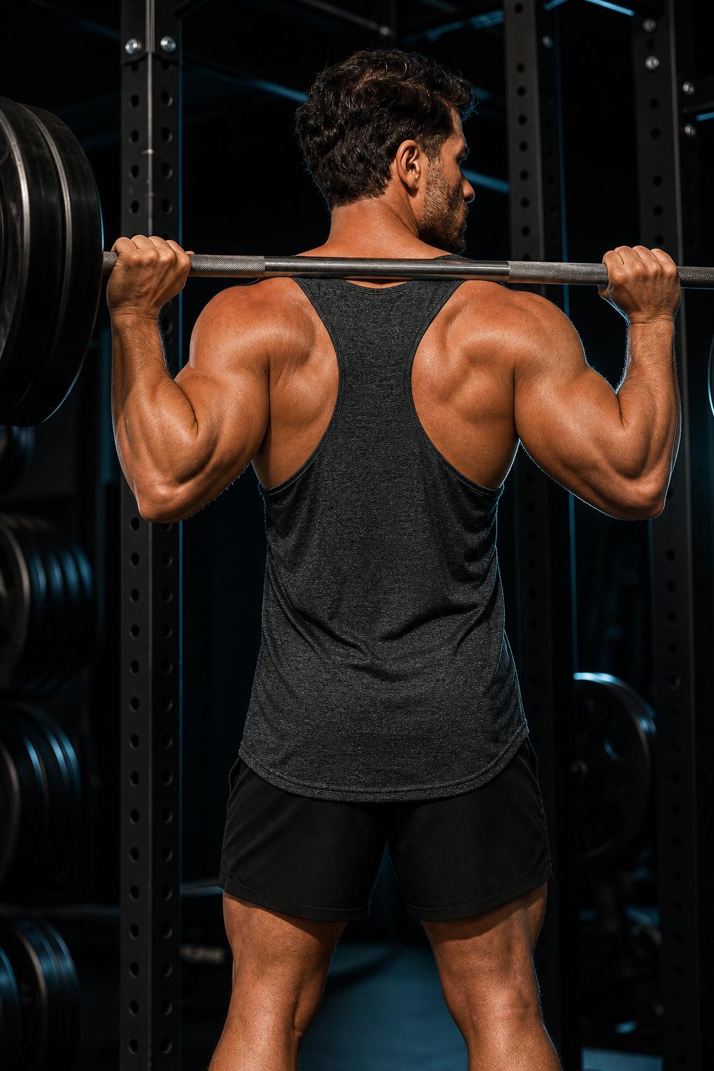 PrimeBuild Men's Y-Back Training Tank – 3-Pack, Black/Blue/Grey – in action