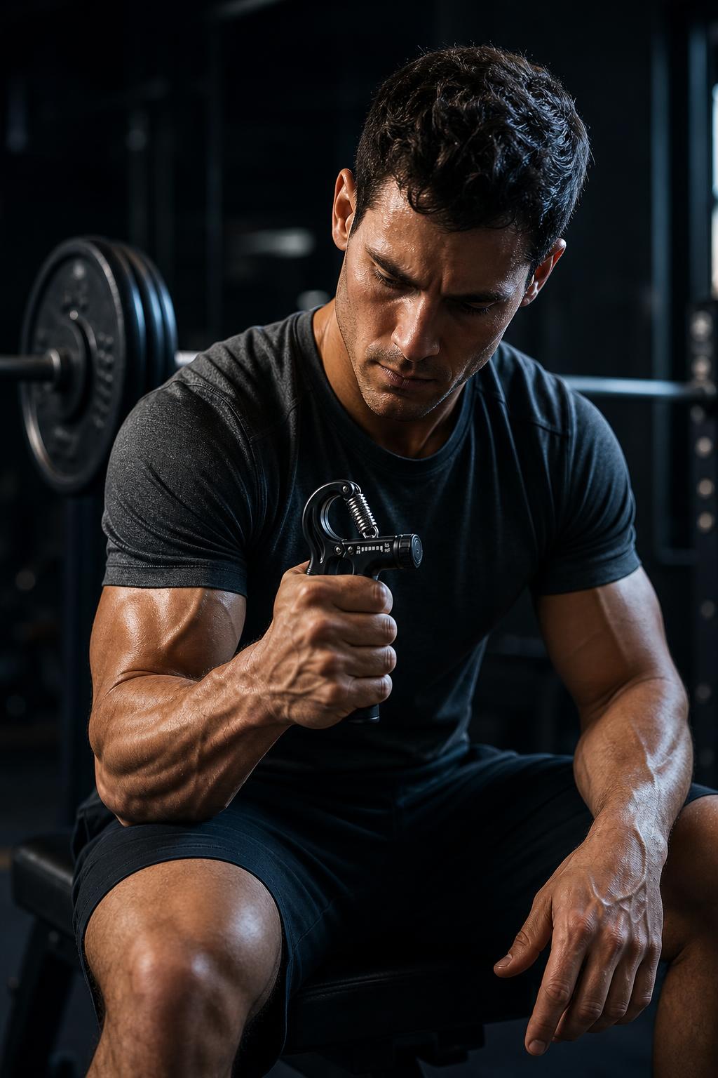 Man seated in a gym squeezing the black PrimeBuild adjustable hand gripper from the 5-in-1 Grip Strength Kit