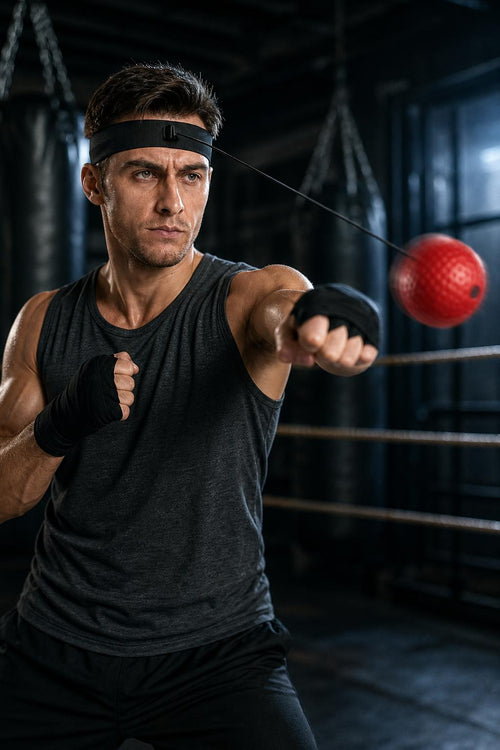 PrimeBuild Boxing Reflex Ball in use: man in a boxing gym wearing the black headband and punching the red ball