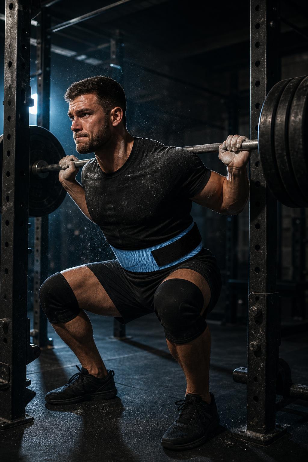 PrimeBuild Self-Locking Weight Lifting Belt in blue worn by a man doing a barbell back squat in a squat rack