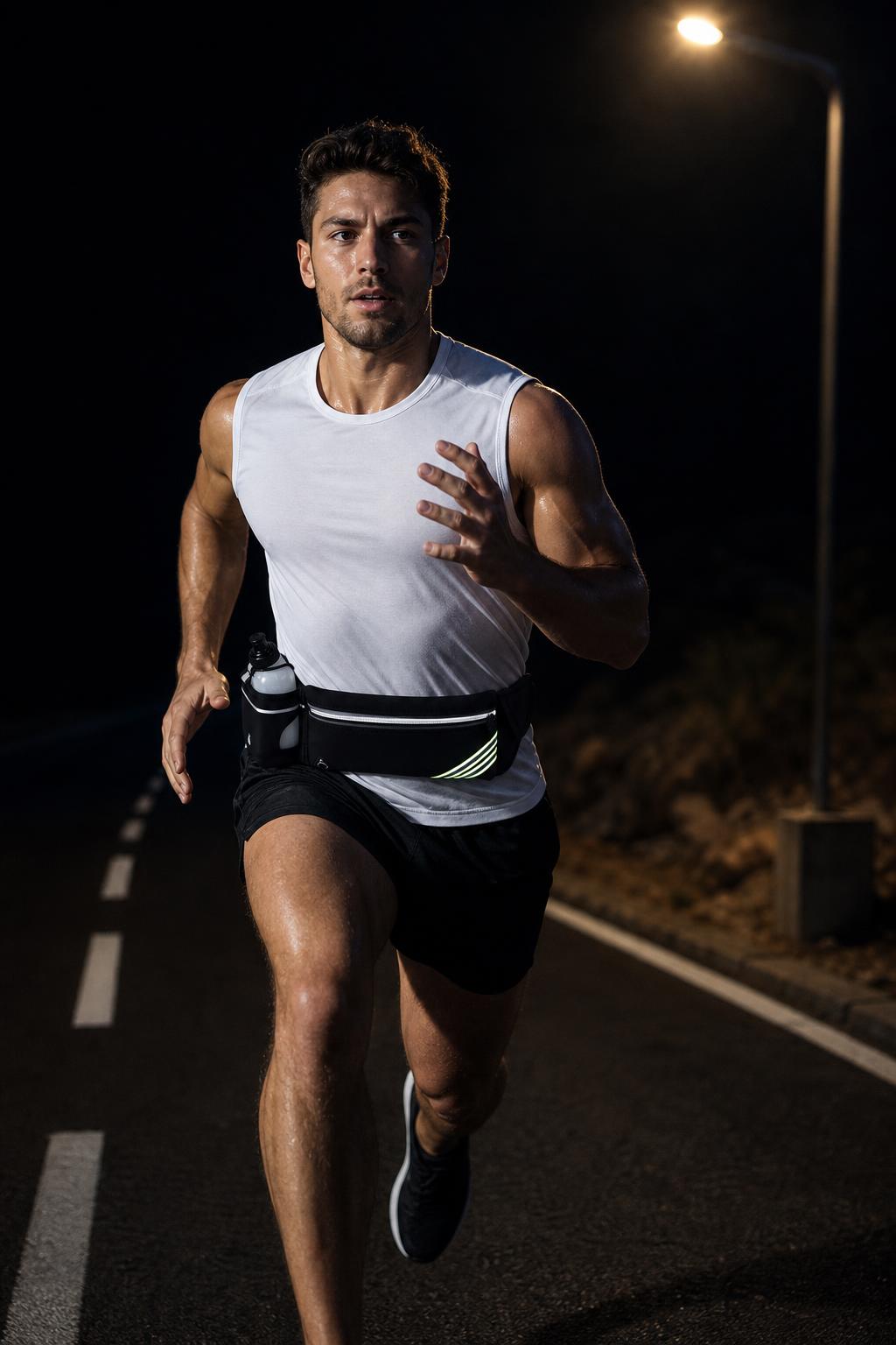 Man running on a road at night wearing the black PrimeBuild Hydration Running Belt with a bottle at his side