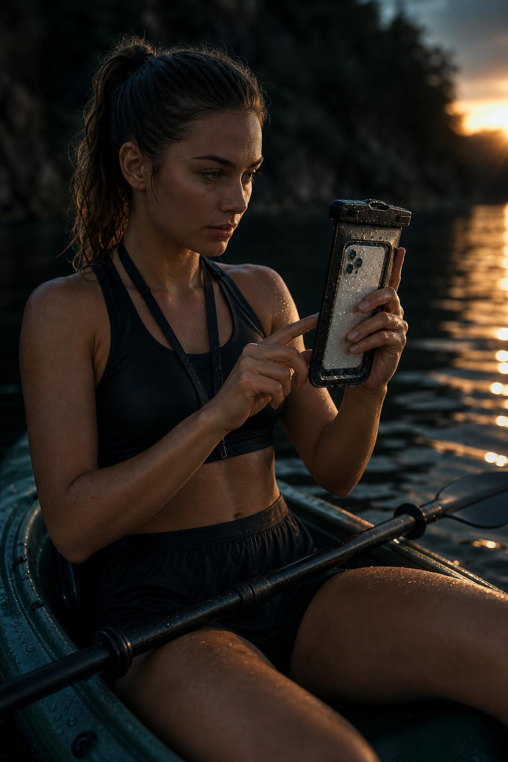 PrimeBuild IPX8 Waterproof Phone Pouch worn on its lanyard by a woman using her phone in a kayak at sunset