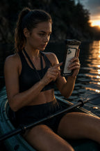 PrimeBuild IPX8 Waterproof Phone Pouch worn on its lanyard by a woman using her phone in a kayak at sunset