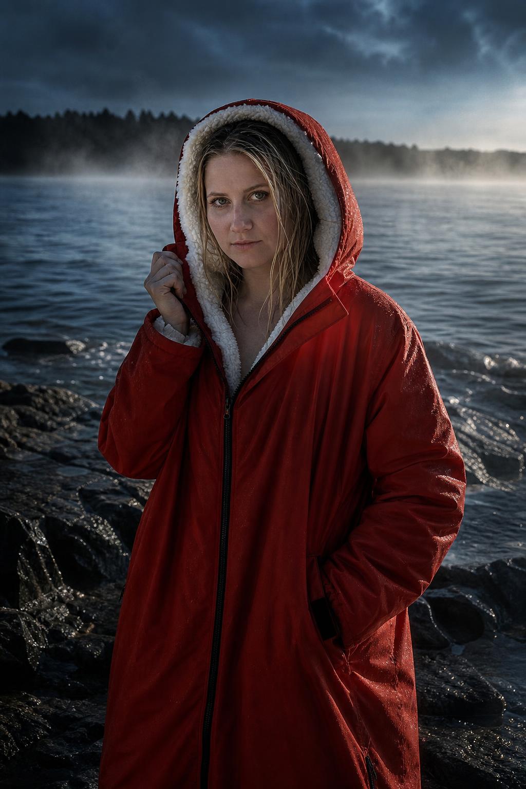 Woman wearing the red PrimeBuild Swim Parka with its sherpa-lined hood up on a rocky shore by misty water