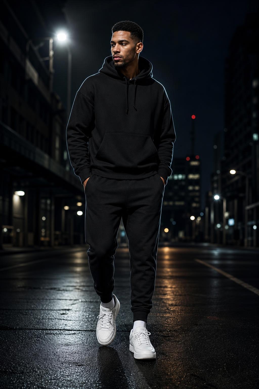 PrimeBuild Men's Performance Fleece Joggers in black, worn with a black hoodie and white sneakers on a city street at night