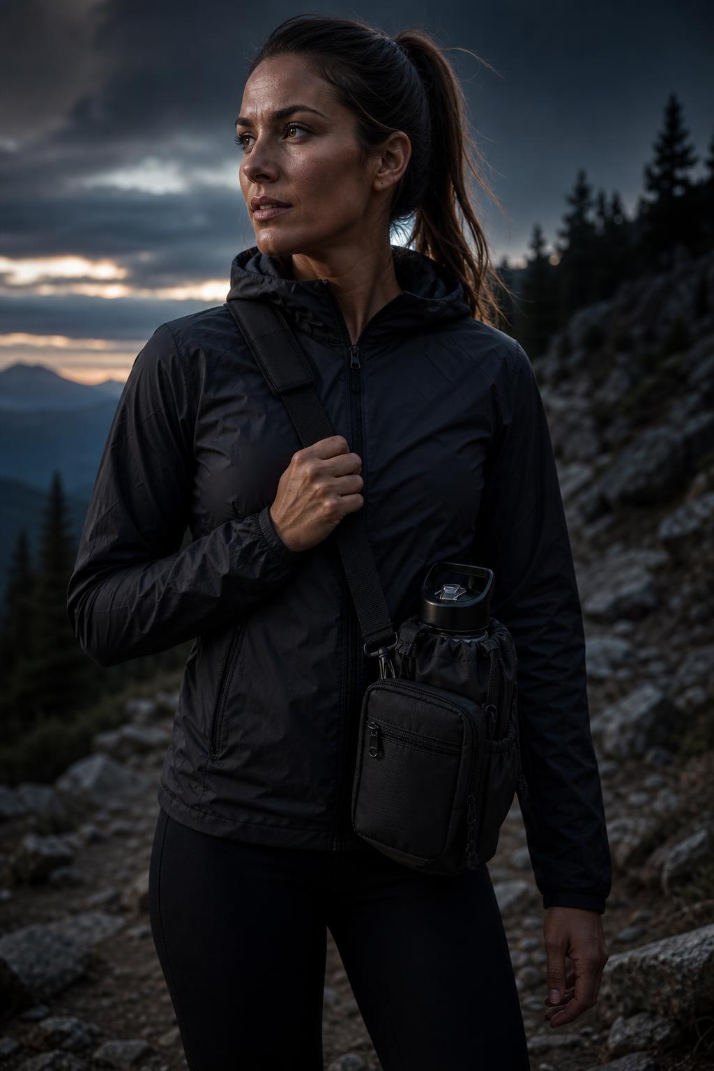 Hiker on a rocky trail at dusk wearing the black PrimeBuild Insulated Water Bottle Carrier crossbody, a bottle in the sleeve