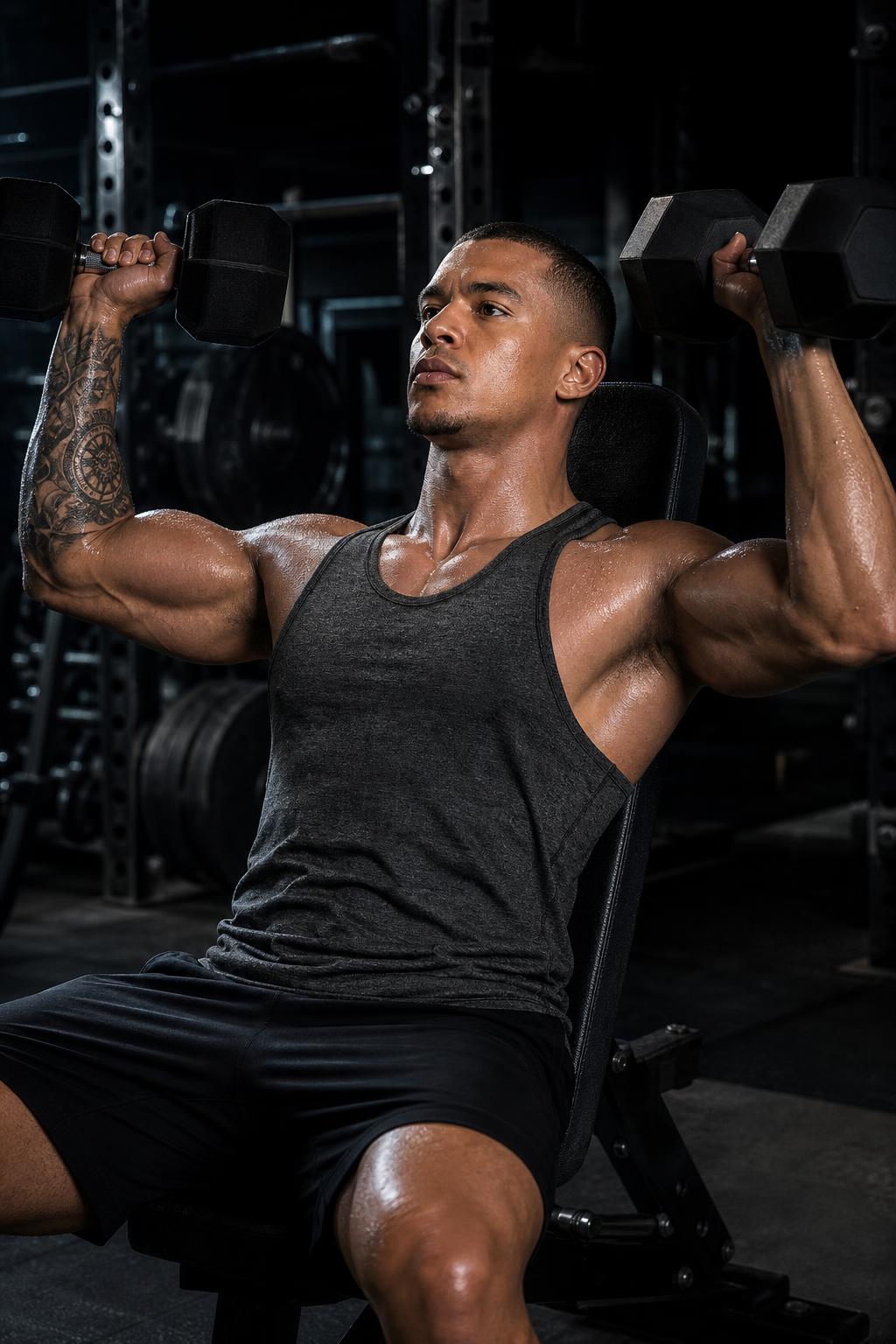 Man in the PrimeBuild Men's Quick-Dry Training Tank in dark heather doing a seated dumbbell shoulder press in a gym