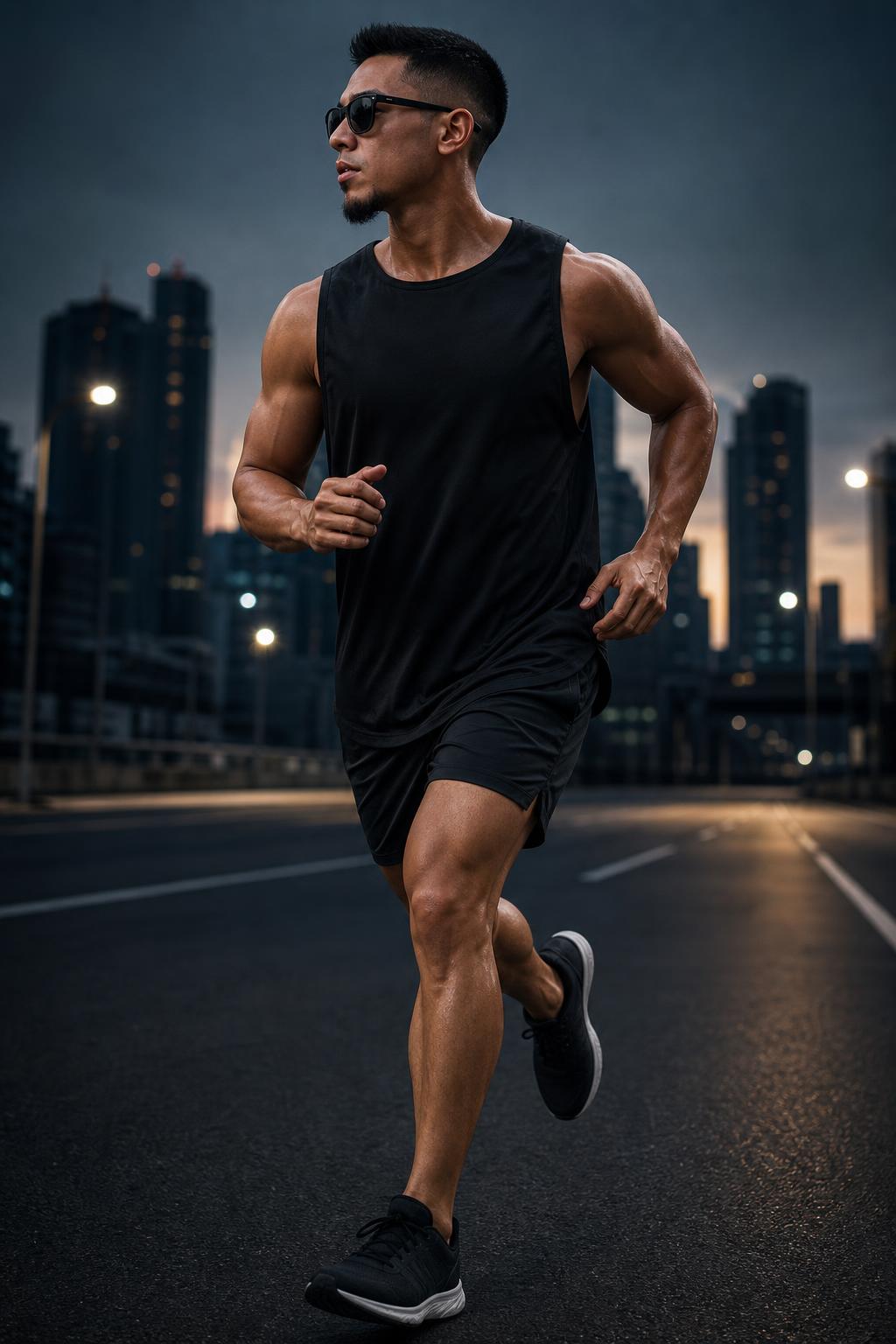 PrimeBuild Men's Quick-Dry Running Tank in black worn by a man running on a city road at dusk
