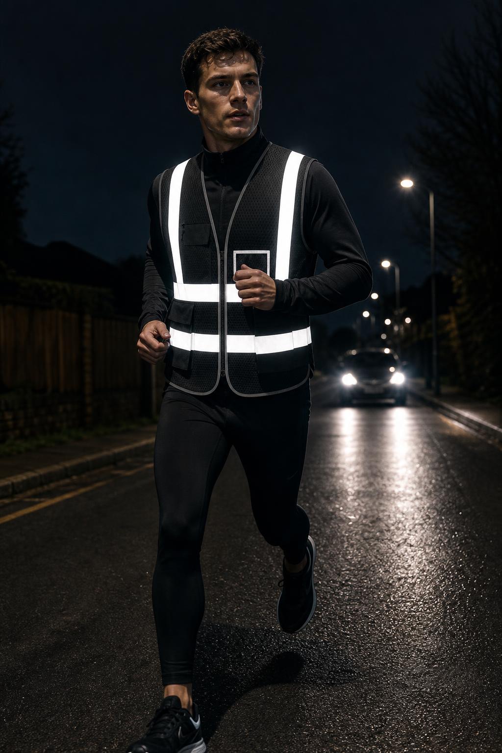 Runner on a wet street at night wearing the PrimeBuild Reflective Mesh Safety Vest, its reflective tape bright white