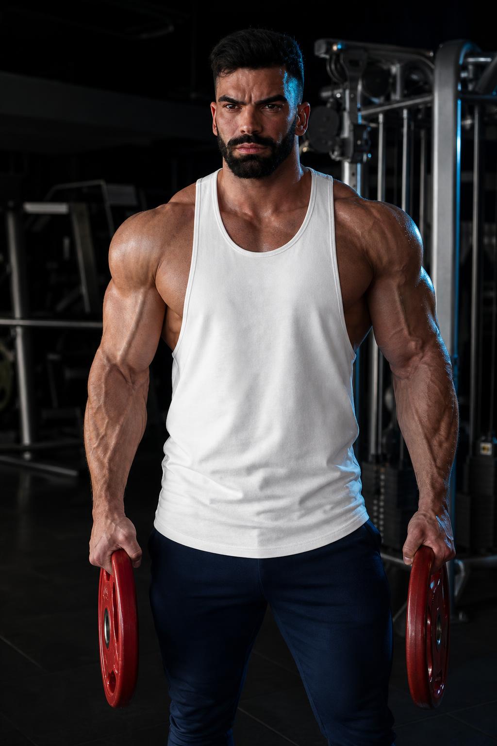 PrimeBuild Men's Stringer Tank in white worn by a lifter holding red weight plates in a gym, front view