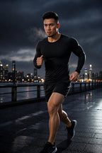 Man running on a waterfront path at night wearing the PrimeBuild Men's Long Sleeve Performance Shirt in black