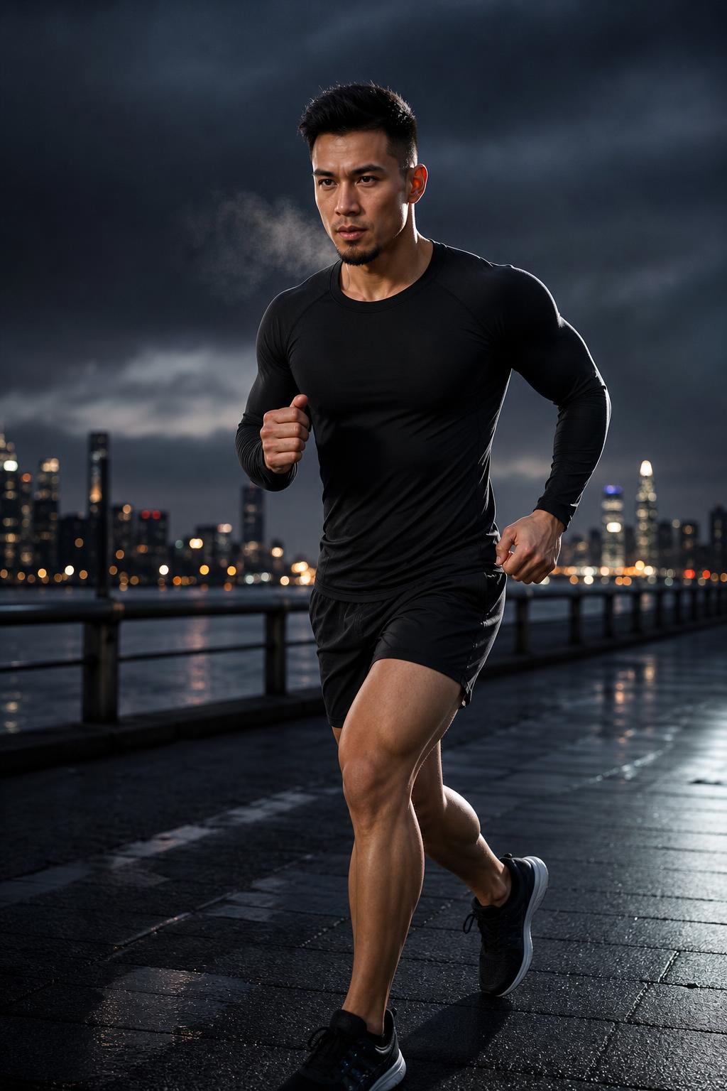 Man running on a waterfront path at night wearing the PrimeBuild Men's Long Sleeve Performance Shirt in black