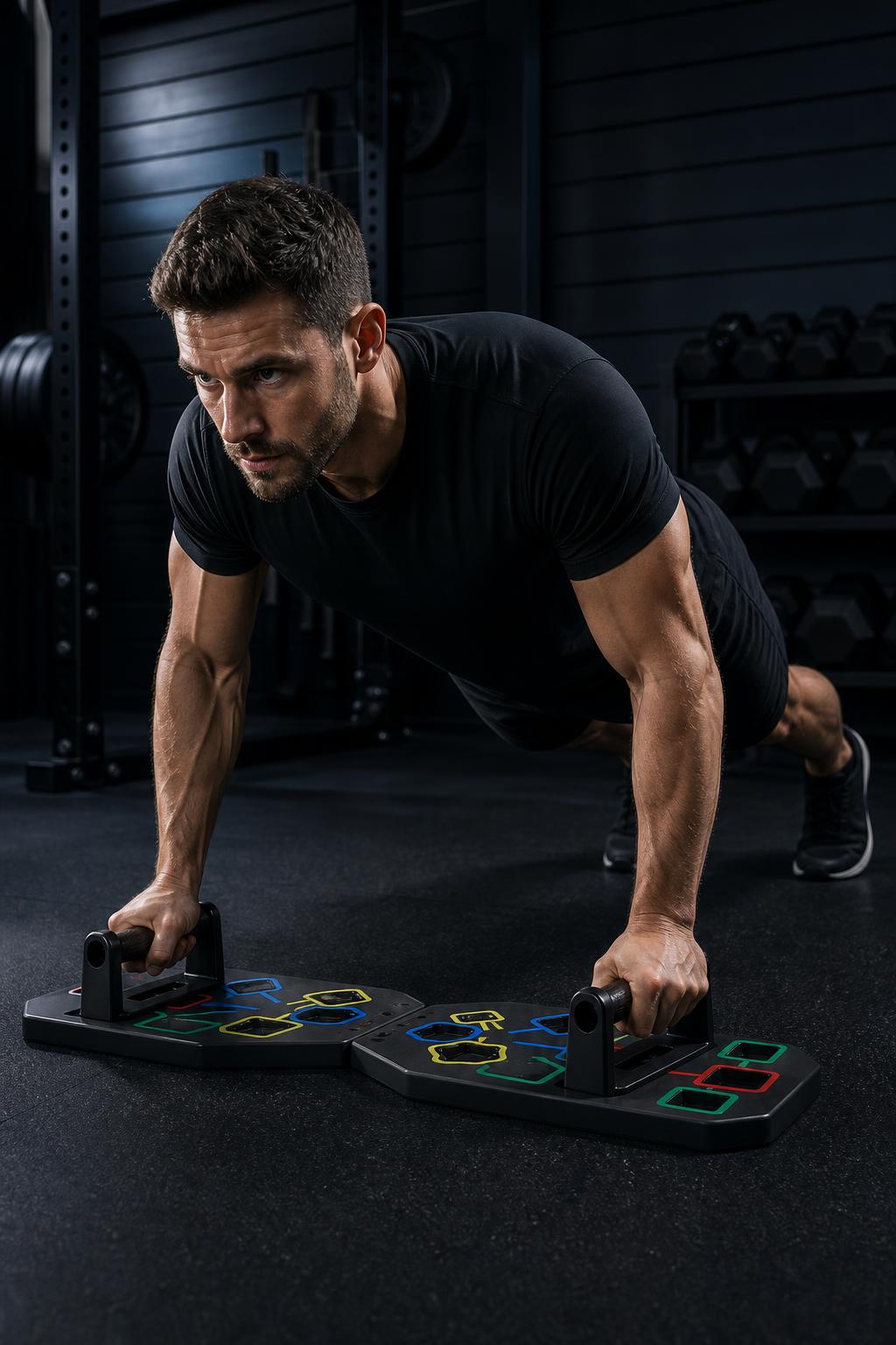 PrimeBuild Foldable Push-Up Board – Color-Coded Muscle Zones – in action