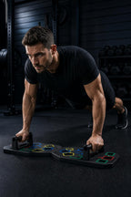 PrimeBuild Foldable Push-Up Board – Color-Coded Muscle Zones – in action