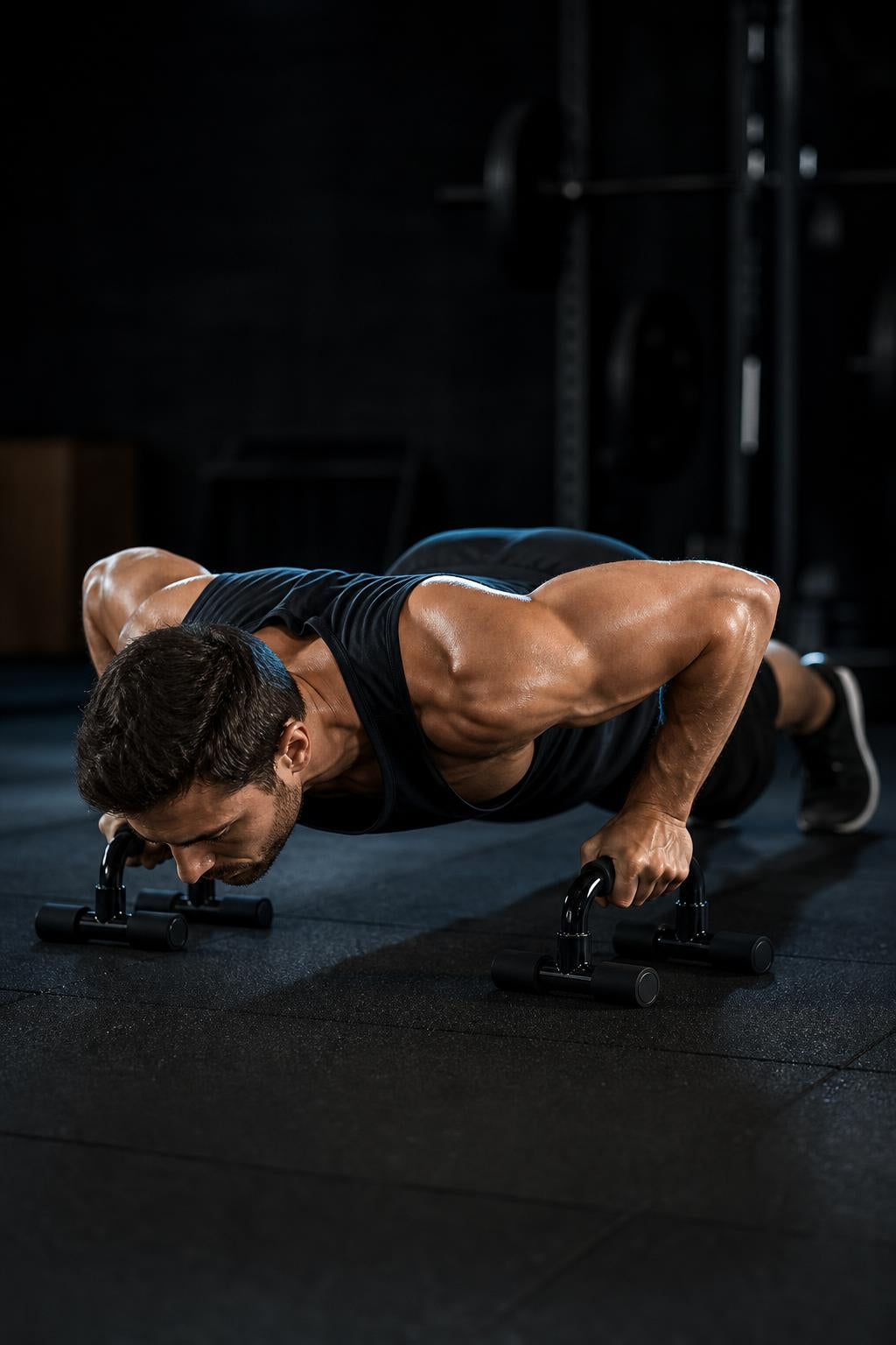 PrimeBuild Push-Up Bars in use: man in a black tank top doing a push-up on a pair of black push-up bars on a dark gym floor