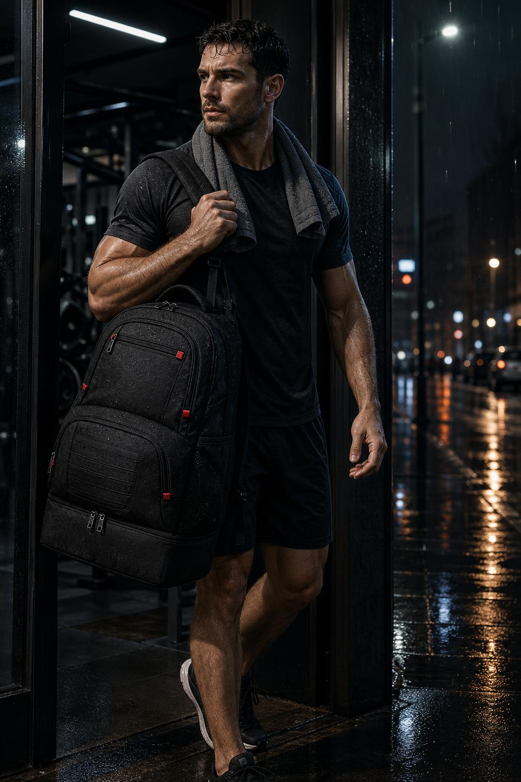 Man carrying the black PrimeBuild Water-Resistant Gym Backpack on one shoulder outside a gym on a rainy night