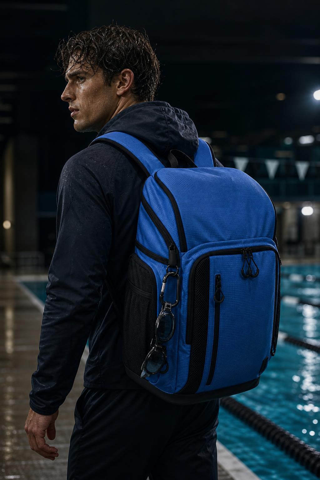 PrimeBuild Gym Backpack in blue worn by a man at an indoor pool, swim goggles hanging from the side carabiner