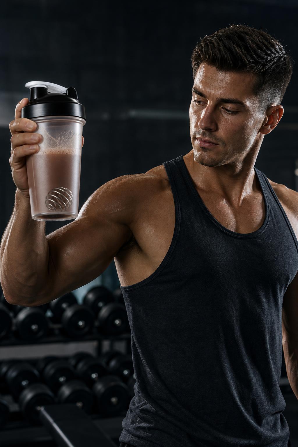 Man in a gym holding a PrimeBuild protein shaker with a brown shake and a wire mixing ball inside, dumbbell rack behind him