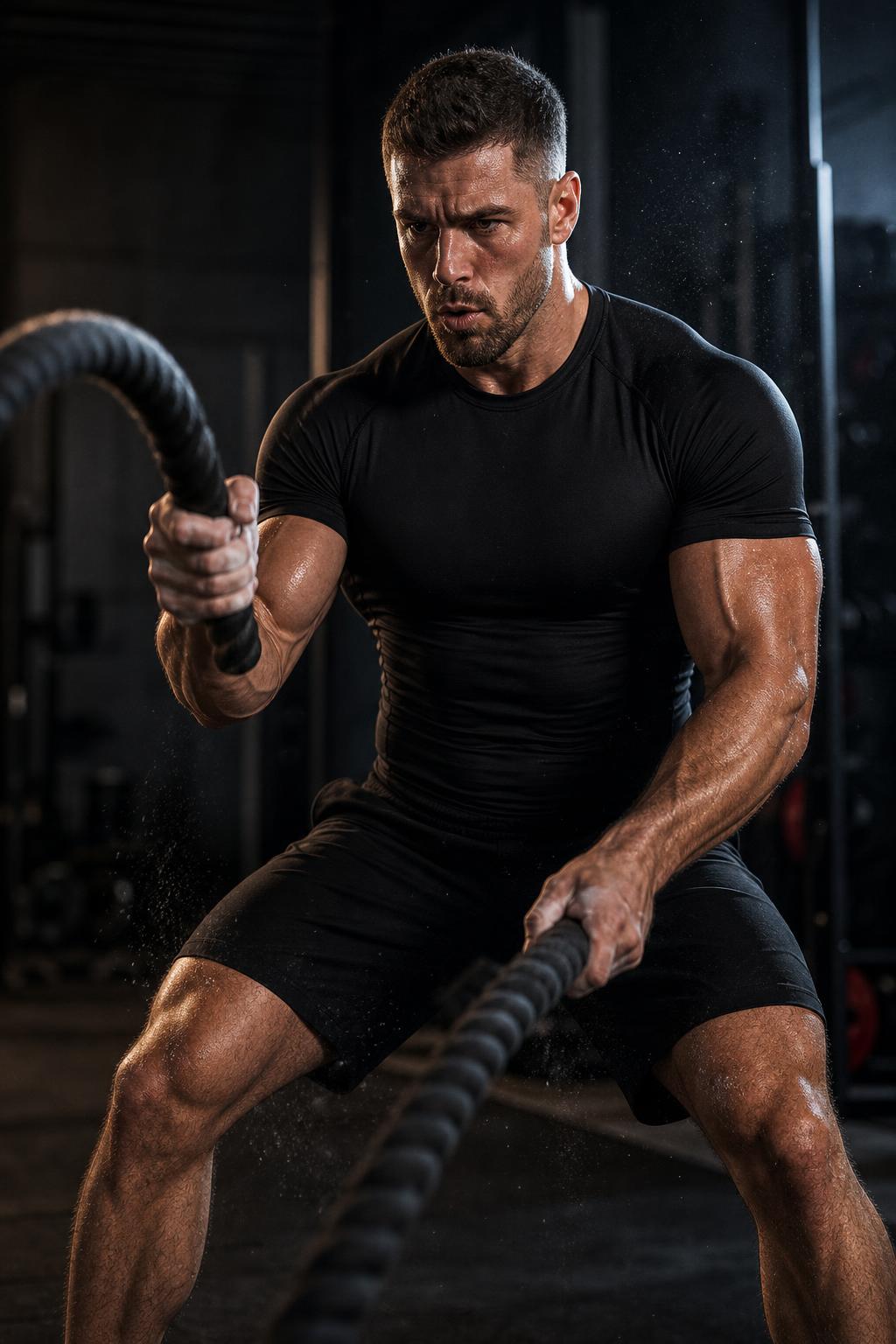 PrimeBuild Men's Compression Performance Shirt in black, worn by a man training with battle ropes in a dark gym