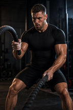 PrimeBuild Men's Compression Performance Shirt in black, worn by a man training with battle ropes in a dark gym