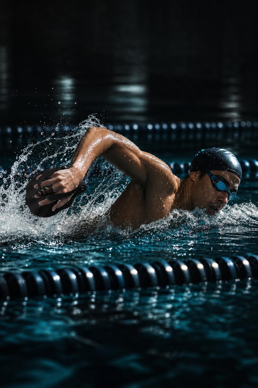 Swimmer doing freestyle in a pool lane wearing a black PrimeBuild Swim Hand Paddle