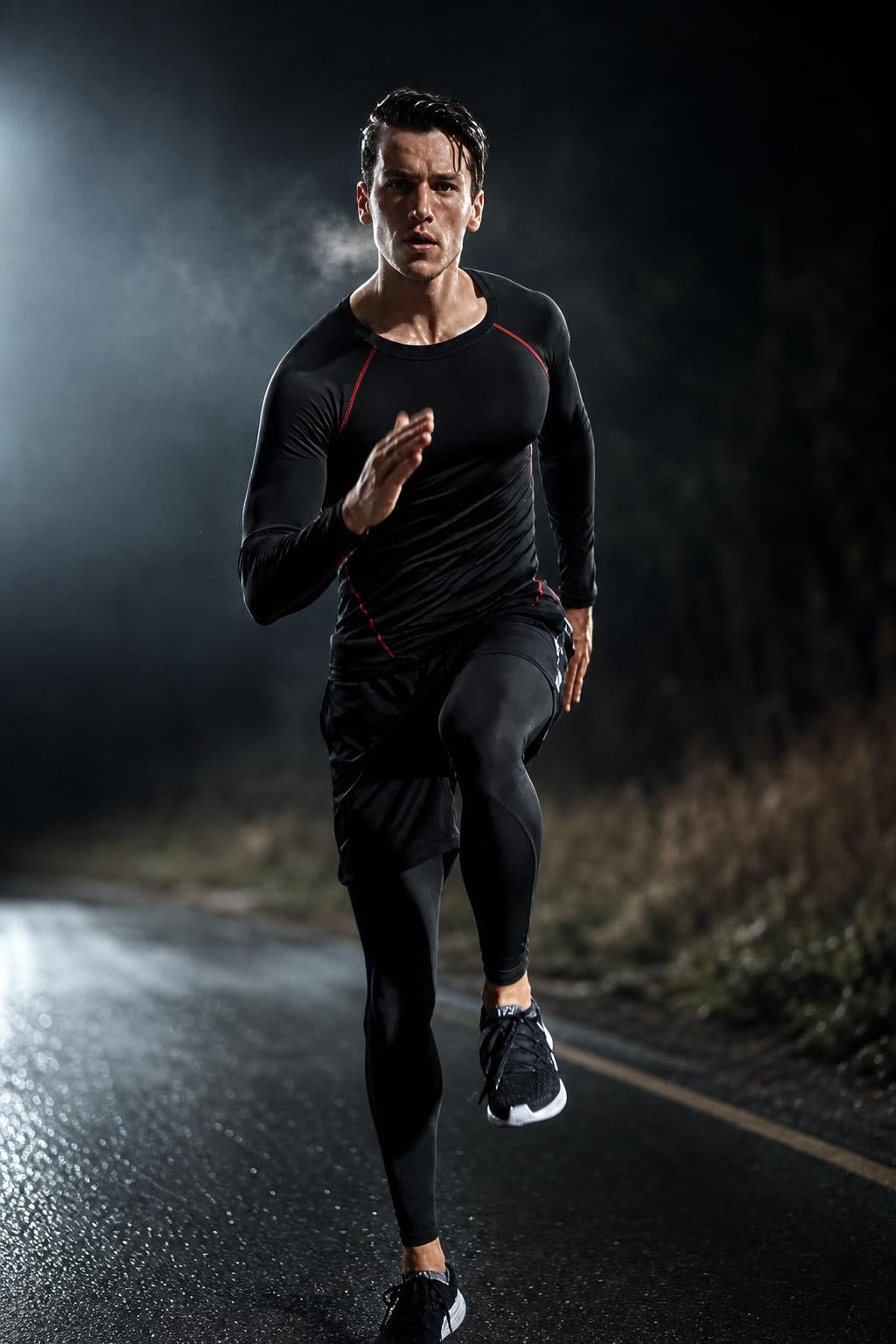 Man running on a wet road at night in the PrimeBuild Long Sleeve Compression Shirt, black with red seam lines