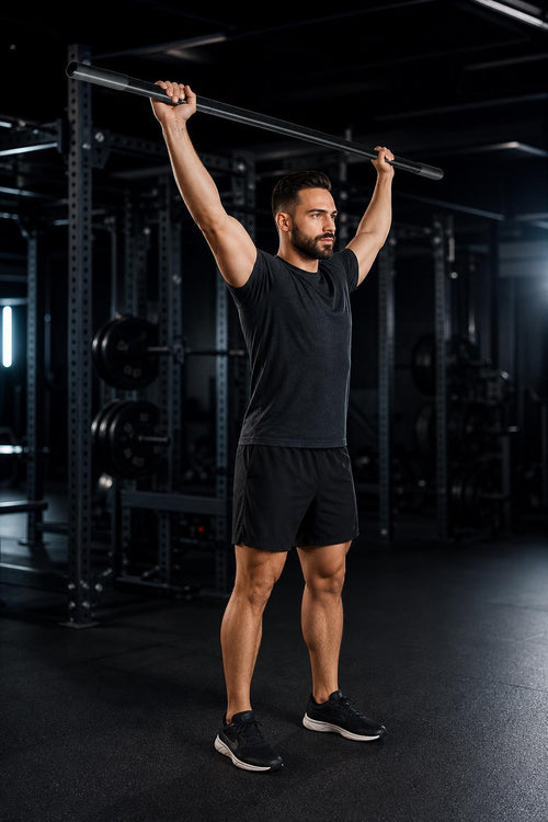 Man holding the PrimeBuild Adjustable Mobility Stick overhead with a wide grip in a dark gym with racks and weight plates