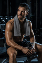 PrimeBuild grey microfiber gym towel draped around the neck of a man resting on a gym bench