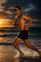 Man running through the surf at sunset wearing PrimeBuild black 5-inch swim trunks with a white drawcord