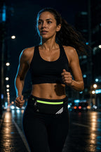 Woman running on a city street at night wearing the PrimeBuild Bounce-Free Running Belt at her waist
