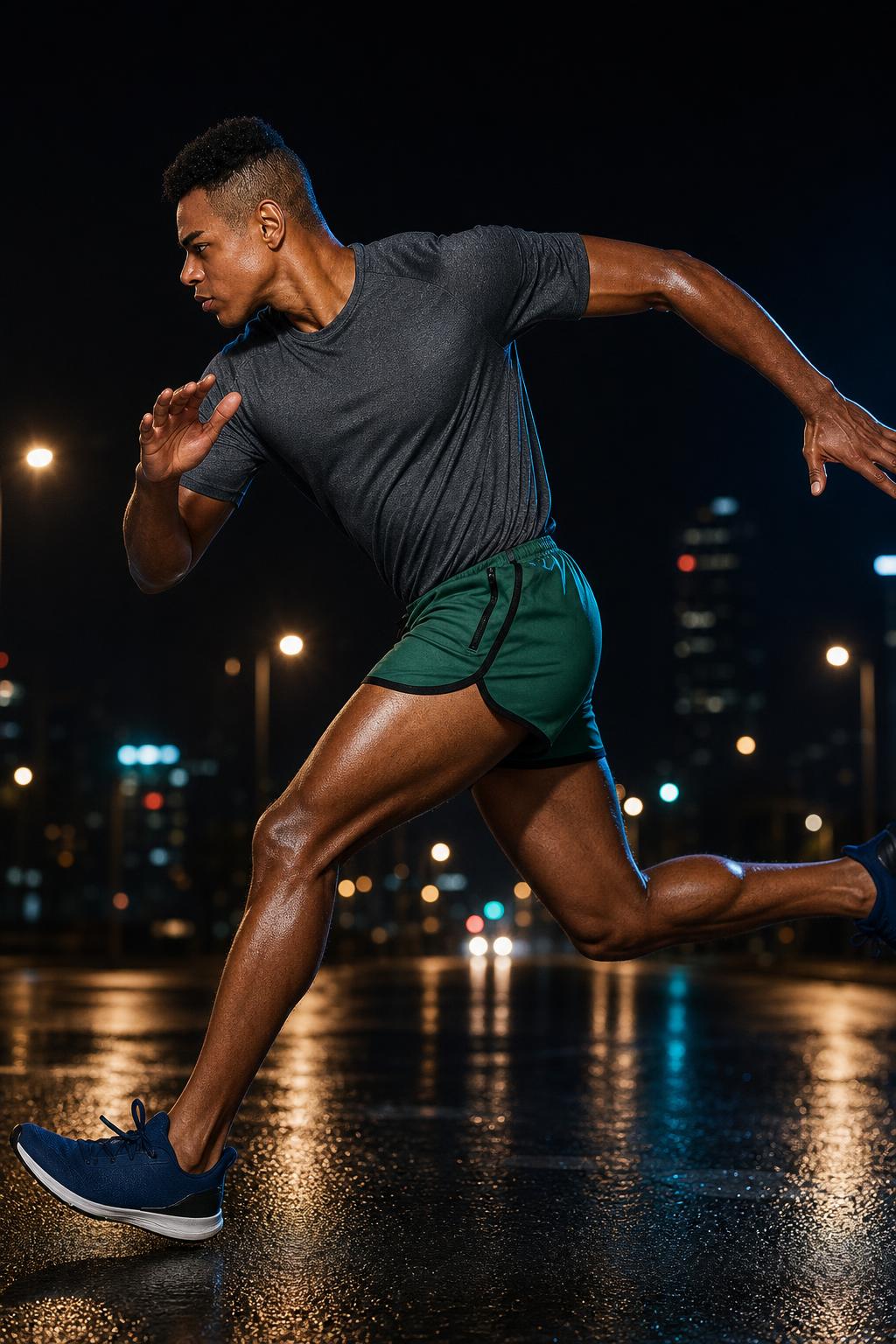 Man sprinting on a wet city street at night wearing green PrimeBuild Men's Performance Running Shorts
