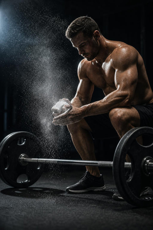 Lifter seated behind a loaded barbell squeezes the PrimeBuild Chalk Ball in both hands as chalk dust drifts in a dark gym