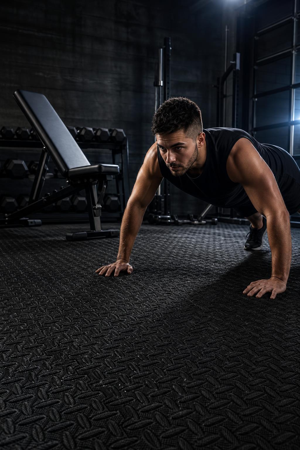 PrimeBuild Interlocking Foam Gym Mat in black covering a home gym floor during push-ups, bench and dumbbells behind