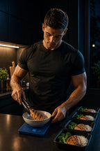 PrimeBuild Digital Food Scale weighing grilled chicken in a white bowl beside meal prep containers