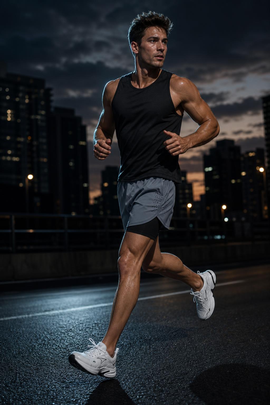 Man running on a city street at dusk wearing PrimeBuild Men's 2-in-1 Training Shorts in gray with a black liner