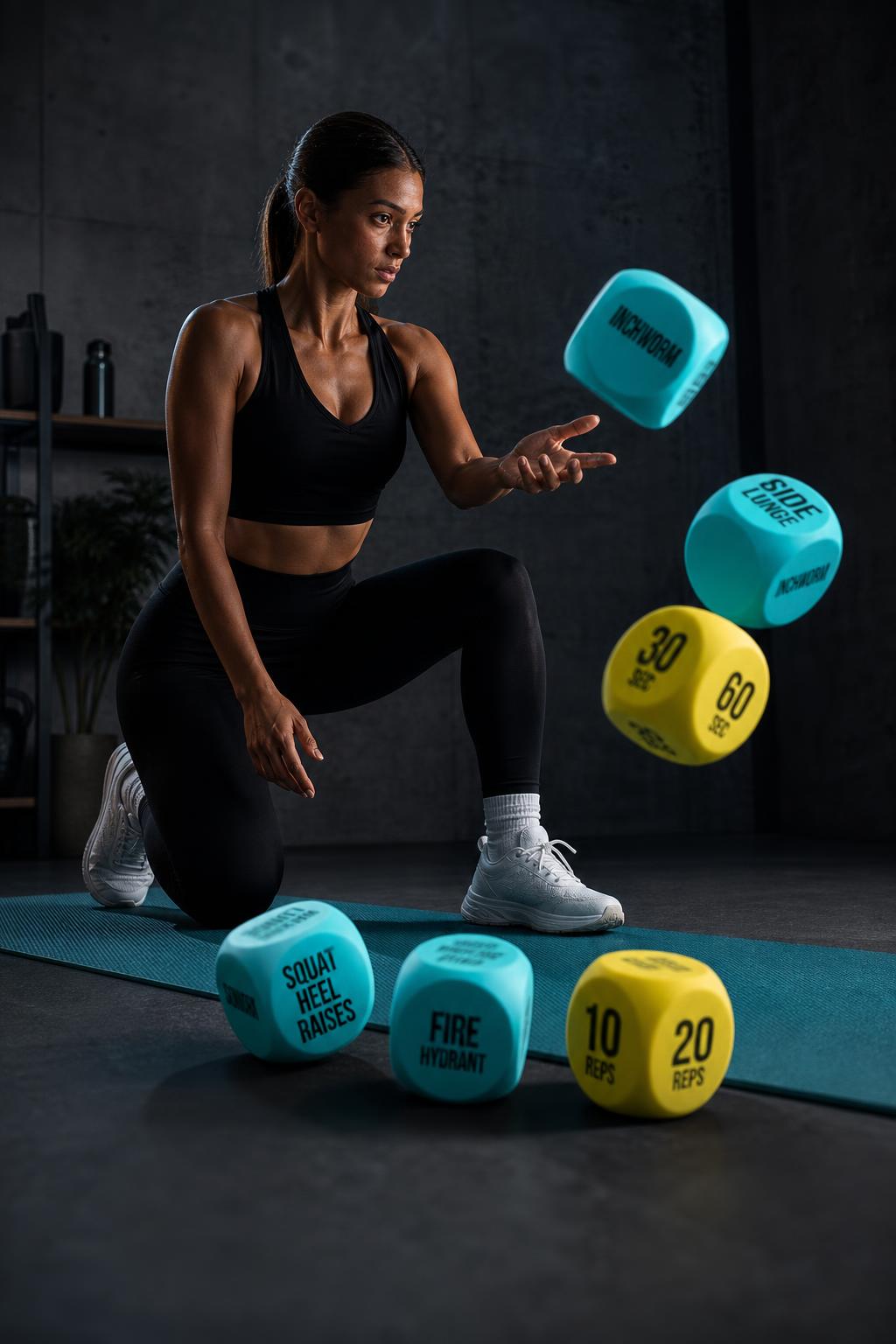 PrimeBuild Exercise Dice in use: a woman kneeling on a teal mat tosses blue and yellow foam dice in a dark workout room