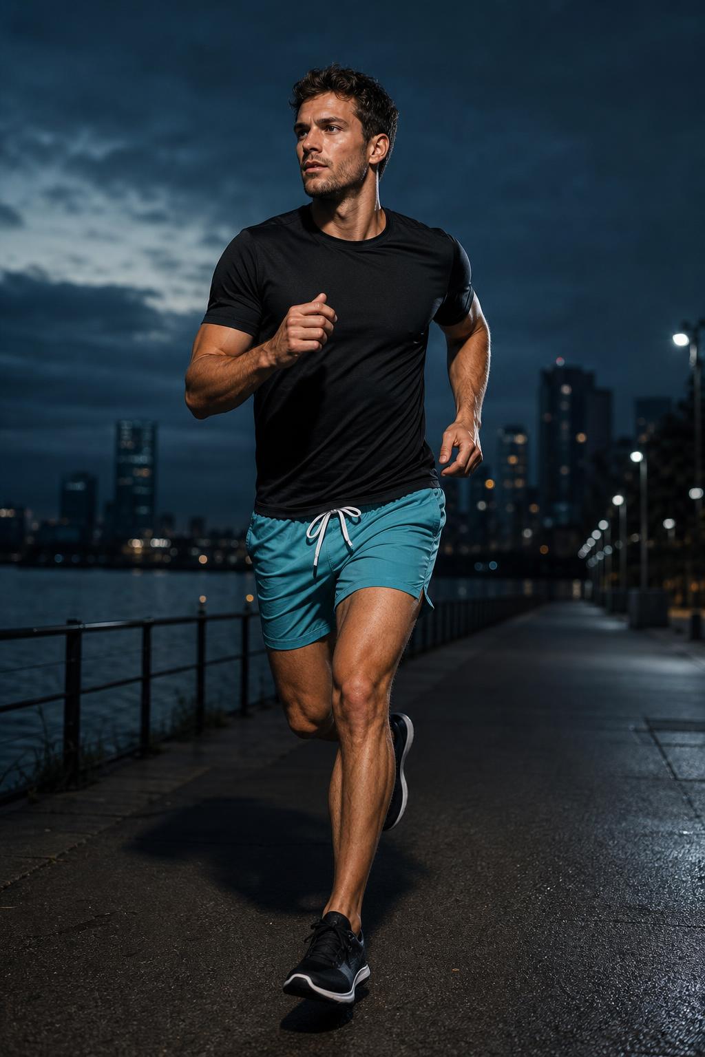 Runner wearing PrimeBuild Lightweight Training Shorts in teal blue with a black T-shirt on a city waterfront path at night