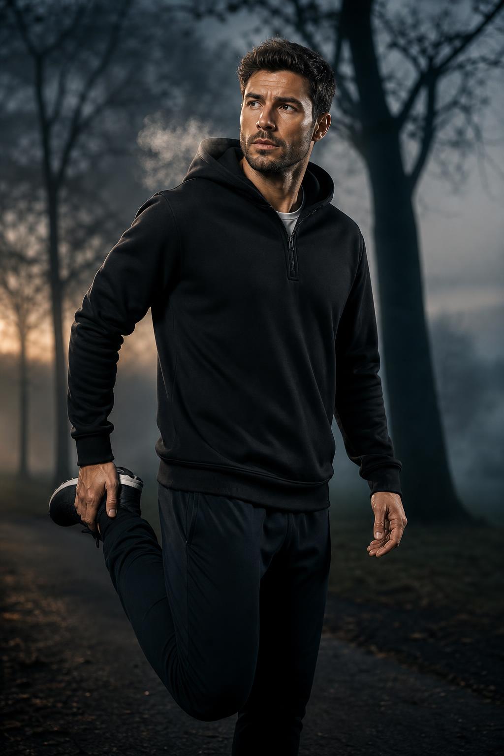 Man wearing the black PrimeBuild Men's Quarter Zip Fleece Hoodie over a white T-shirt, doing a quad stretch on a misty path