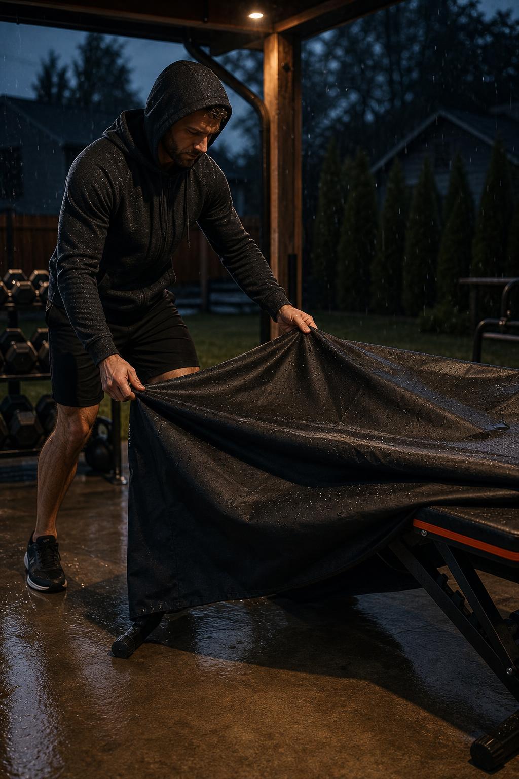Man pulling the black PrimeBuild Weight Bench Cover over a red-trimmed bench on a covered patio in the rain at dusk