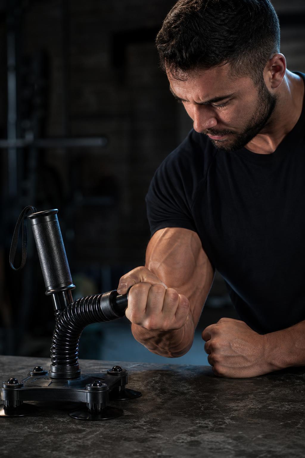 Man bending the PrimeBuild Arm Wrestling Wrist Trainer spring handle sideways on a dark stone tabletop