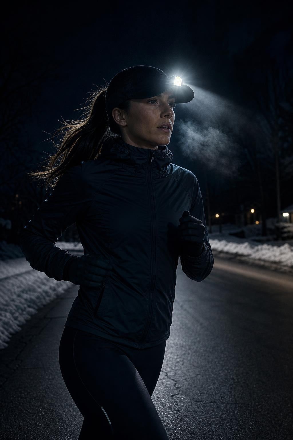 Runner at night on a road lined with snow, with the PrimeBuild Clip-On Running Light lit on the brim of her cap