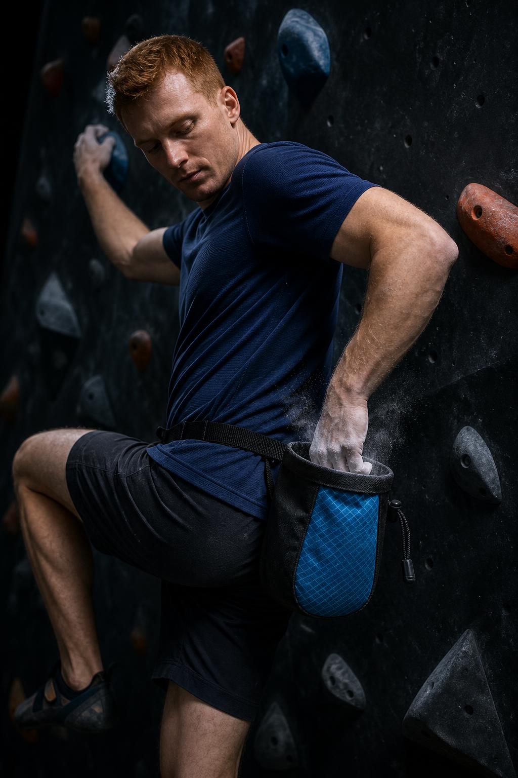 PrimeBuild Climbing Chalk Bag on a waist belt as a climber chalks his hand on an indoor bouldering wall