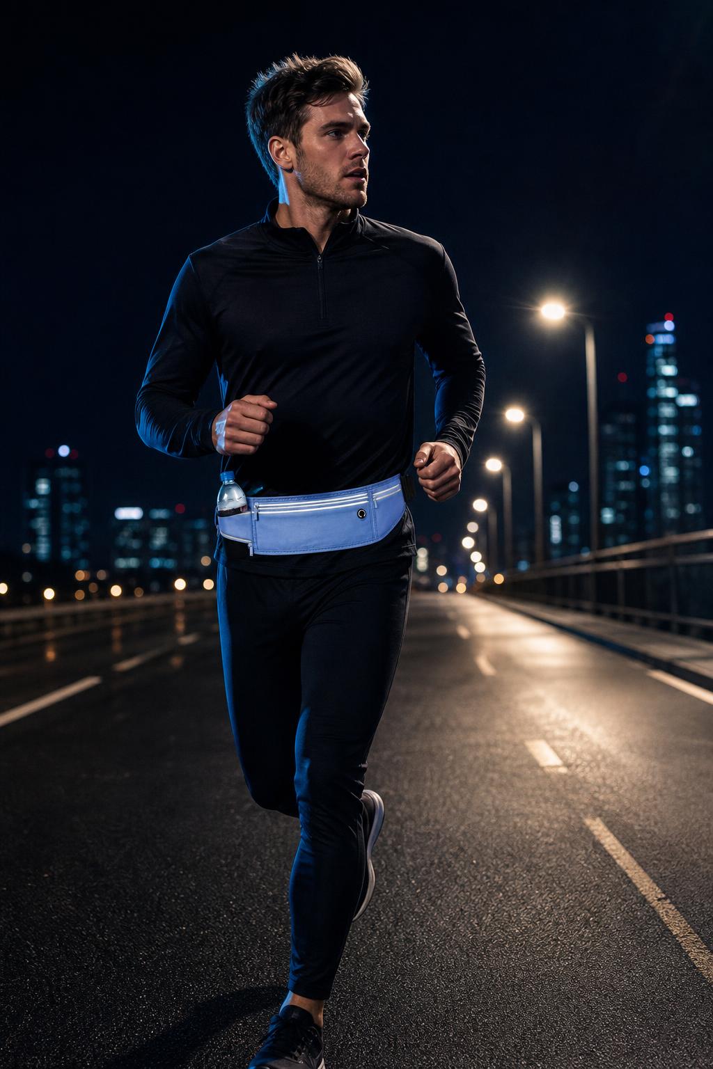 PrimeBuild Slim Running Belt in Jet Blue worn by a runner on a city road at night, bottle (not included) in the side holder